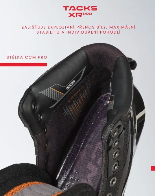 Nové brankářské brusle CCM Tacks XR Pro: Tuhý jednodílný skelet pro agresivní přesuny 9 CCM Tacks XR Pro jazyk stelka